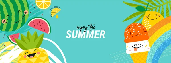 こんにちは夏 Webバナーテンプレートのデザイン ウェブサイトのデザイン ソーシャルメディアバナー 旅行や休日の広告 販売促進 ポスター マーケティング素材 夏カード パーティー招待のためのベクトルイラストのコンセプト — ストックベクタ