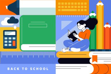 Eğitim. Grafik ve web tasarımı için vektör illüstrasyonu, iş sunumu, pazarlama ve baskı materyali. Okula geri dön..