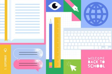 Eğitim. Grafik ve web tasarımı için vektör illüstrasyonu, iş sunumu, pazarlama ve baskı materyali. Okula geri dön..