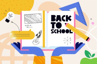 Eğitim. Grafik ve web tasarımı için vektör illüstrasyonu, iş sunumu, pazarlama ve baskı materyali. Okula geri dön..