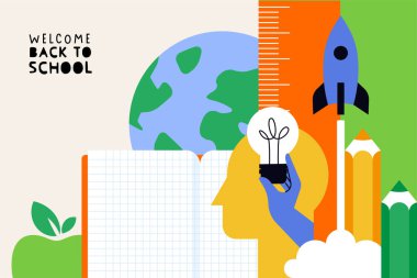 Eğitim. Grafik ve web tasarımı için vektör illüstrasyonu, iş sunumu, pazarlama ve baskı materyali. Okula geri dön..