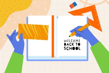 Eğitim. Grafik ve web tasarımı için vektör illüstrasyonu, iş sunumu, pazarlama ve baskı materyali. Okula geri dön..