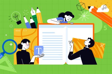 Eğitim. Grafik ve web tasarımı için vektör illüstrasyonu, iş sunumu, pazarlama ve baskı materyali. Okula geri dön..