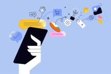 İş yaratıcılığı illüstrasyonu Mobil uygulamalar ve hizmetler, çevrimiçi iş, sosyal ağ, e-ticaret ve iletişim vektör kavramı. Web afişi, sosyal medya, iş sunumu, pazarlama materyali. 