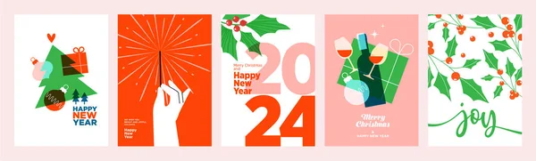 Natal Dan Tahun Baru 2024 Set Kartu Ucapan Konsep Gambar - Stok Vektor