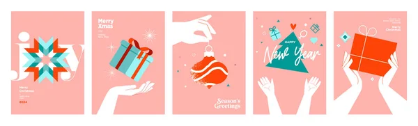 クリスマスと新年の挨拶カードのセット グラフィックとウェブデザイン ソーシャルメディアバナー マーケティング資料のベクトルイラストコンセプト — ストックベクタ