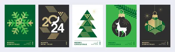 Vrolijk Kerstfeest Gelukkig Nieuwjaar Wenskaarten Set Vector Illustratie Concepten Voor — Stockvector