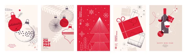 Selamat Natal Dan Selamat Tahun Baru Templat Kartu Ucapan Ilustrasi - Stok Vektor