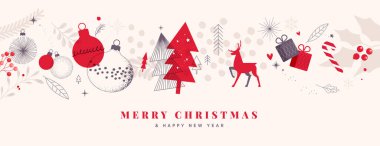 Mutlu Noeller ve mutlu yıllar. Tebrik kartı, parti davetiyesi, web sitesi afişi, sosyal medya afişi, pazarlama materyali için vektör illüstrasyonu.