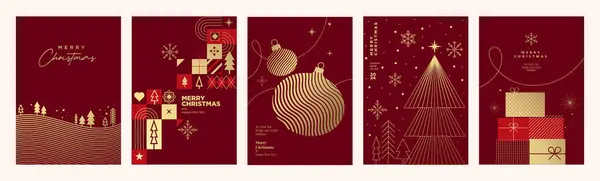 Selamat Natal Dan Selamat Tahun Baru Koleksi Kartu Ilustrasi Vektor - Stok Vektor