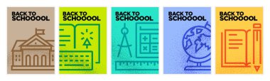 Okul kavramlarına geri dönelim. Eğitim, öğrenim, okul, üniversite, çevrimiçi kurs ve eğitim, uzaktan eğitim ve e-öğrenim afişleri ve illüstrasyonları.