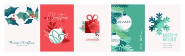 Noel ve yeni yıl kartları seti. Grafik ve web tasarımı için vektör illüstrasyon kavramları, sosyal medya afişi, pazarlama materyali.