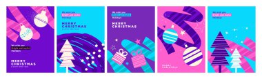 Noel ve Yeni Yıl Kartları Koleksiyonu. Tebrik kartı, parti davetiyesi, web sitesi afişi, sosyal medya afişi, pazarlama materyali için modern soyut vektör illüstrasyonları.