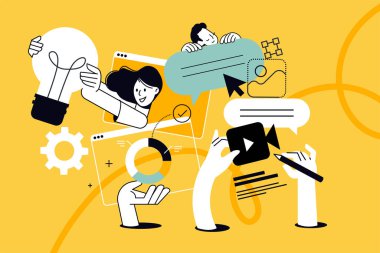 Web sitesi tasarımı ve geliştirmesinin yaratıcı illüstrasyonu, içerik yönetimi. Web afişi, sosyal medya afişi, iş sunumu, pazarlama materyali için vektör kavramı. 