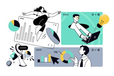 İş uygulamasının yaratıcı çizimleri. Web afişi, sosyal medya afişi, iş sunumu, pazarlama materyali için vektör kavramları. 