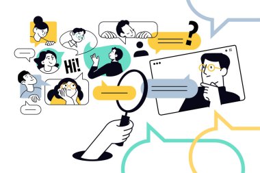 Sosyal ağın yaratıcı illüstrasyonu. Web afişi, sosyal medya afişi, iş sunumu, pazarlama materyali için vektör kavramı. 