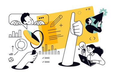 Seo 'nun yaratıcı illüstrasyonu, web analizi. Web afişi, sosyal medya afişi, iş sunumu, pazarlama materyali için vektör kavramı. 