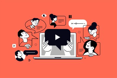 Konferans görüşmesi, online toplantı, video görüşmesi. Web afişi, sosyal medya afişi, iş sunumu, pazarlama materyali için vektör illüstrasyonu. 