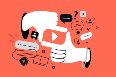 Video, film, video klip. Web afişi, sosyal medya afişi, iş sunumu, pazarlama materyali için vektör illüstrasyonu.