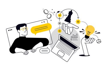 Proje geliştirme, çevrimiçi ticaret kursu. Web afişi, sosyal medya afişi, iş sunumu, pazarlama materyali için vektör illüstrasyonu.