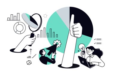 Pazar araştırması ve veri analizi. Web afişi, sosyal medya afişi, iş sunumu, pazarlama materyali için vektör illüstrasyonu.