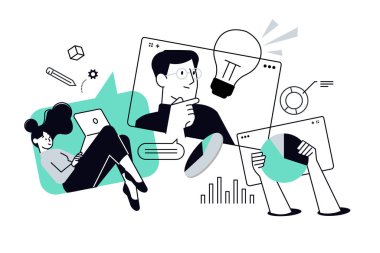 Proje geliştirme. Web afişi, sosyal medya afişi, iş sunumu, pazarlama materyali için vektör illüstrasyonu.