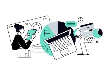 Pazar araştırması ve veri analizi. Web afişi, sosyal medya afişi, iş sunumu, pazarlama materyali için vektör illüstrasyonu.