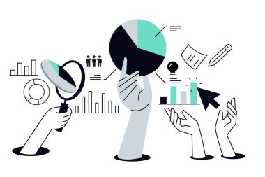 Veri analizi. Web afişi, sosyal medya afişi, iş sunumu, pazarlama materyali için vektör illüstrasyonu.