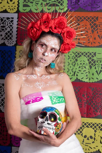 Portret Van Een Mexicaanse Vrouw Traditionele Make Bruid Catrina Kostuum — Stockfoto