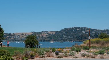 SAUSALITO, CALIFORNIA, ABD... 12 AĞUSTOS 2023: Sausalito, Kaliforniya, ABD 'deki Pasifik Okyanusu kıyılarına bakınız..
