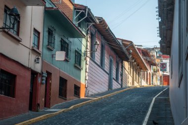 XALAPA, VERACRUZ, MEXICO - 9 Haziran 2024: Xalapa, Veracruz, Meksika 'da güneşli bir günde geleneksel evlerle sokak manzarası
