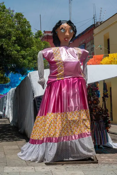 OAXACA, OAXACA, MEXICO - 4 Mayıs 2025: Oaxaca şehir merkezindeki güneşli bir günde yerel bir markette tehuana gibi giyinmiş dev kukla