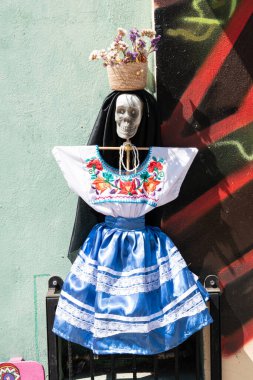 OAXACA, OAXACA, MEXICO-OCTOBER 30 Ekim 2024: Oaxaca, Meksika 'da geleneksel giysiler giymiş iskelet