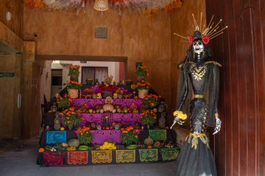 OAXACA, OAXACA, MEXICO - 31 Ekim 2024: Geleneksel Catrina Oaxaca, Meksika 'da sunulan Ölü Sunak Günü' nde duruyor