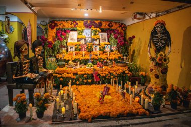 OAXACA, OAXACA, MEXICO-NOVEMBER 1, 2024: Oaxaca, Meksika 'da resim, yemek, kadife çiçekleri ve renkli kesilmiş kağıtlarla sunulan geleneksel Ölüler Günü