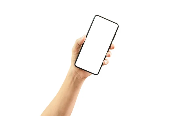 白い背景に隔離された空の画面で黒のスマートフォンを保持男の手 クリップパスが含まれています — ストック写真