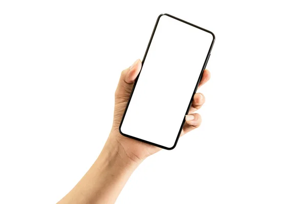 Man Hand Holding Black Smartphone Empty Screen Isolated White Background — Stock Photo, Image