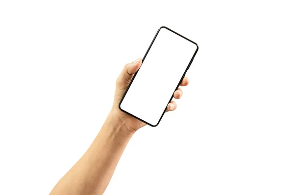 Man Hand Håller Svart Smartphone Med Tom Skärm Isolerad Vit — Stockfoto
