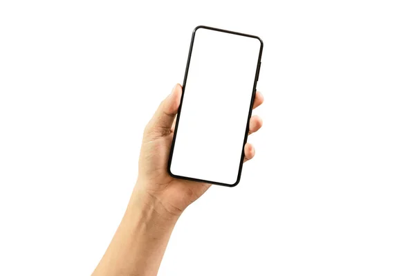 Man Hand Holding Black Smartphone Empty Screen Isolated White Background — Stock Photo, Image