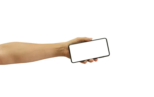 Man Hand Håller Svart Smartphone Med Tom Skärm Isolerad Vit — Stockfoto