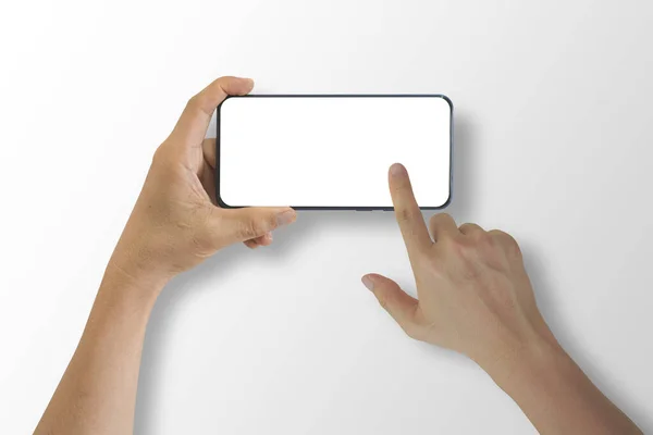 Gros Plan Smartphone Main Tenant Avec Écran Blanc Isolé Sur — Photo