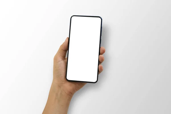 Nahaufnahme Von Hand Haltenden Smartphone Mit Weißem Bildschirm Isoliert Auf — Stockfoto