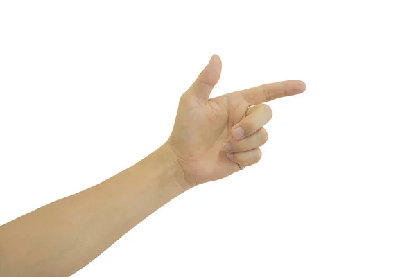 Ręka Mężczyzny Wskazująca Coś Odizolowanego Białym Tle Zawiera Ścieżkę Wycinania — Zdjęcie stockowe