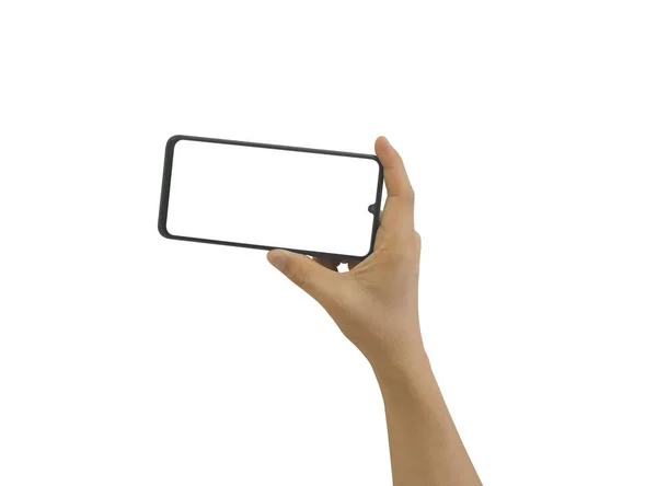 Main Masculine Tenant Smartphone Mobile Avec Écran Blanc Isolé Sur — Photo