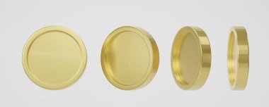 Beyaz arka planda farklı şekillerde altın sikke seti. 3d oluşturma.