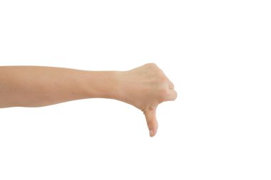 Beyaz arka planda izole edilmiş, kırpma yolu da dahil olmak üzere baş parmağını aşağı doğru uzat. Hoşlanmamak, başarısızlık, fikir ayrılığı.