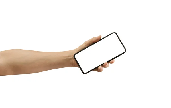Homem Mão Segurando Smartphone Preto Com Tela Branco Isolado Fundo — Fotografia de Stock