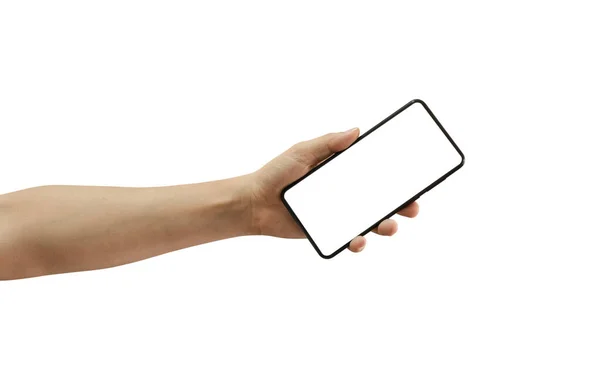 Homem Mão Segurando Smartphone Preto Com Tela Branco Isolado Fundo — Fotografia de Stock