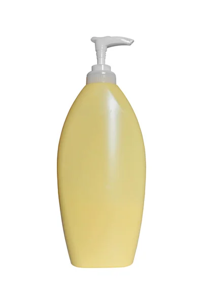 Mockup Garrafas Cosméticas Amarelas Branco Isolado Fundo Branco Incluído Caminho — Fotografia de Stock