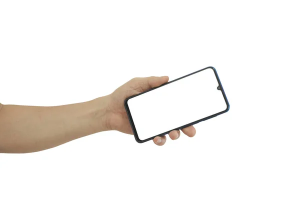 Mão Segurando Smartphone Móvel Com Tela Branca Branco Isolado Fundo — Fotografia de Stock
